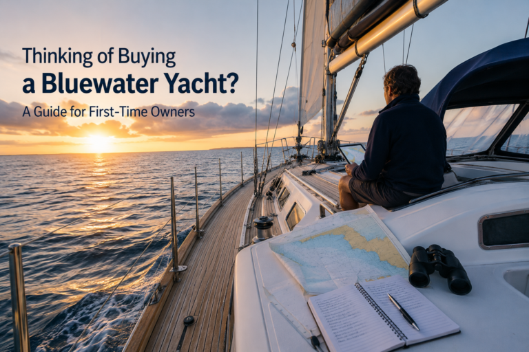 A sailor reviewing charts aboard a bluewater sailing yacht at sunset while planning an offshore voyage.