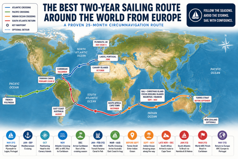 Map showing the best two-year sailing route around the world from Europe via the Caribbean, Pacific, Indian Ocean and South Africa.